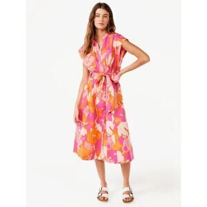 Free Assembly Women’s Pink Orange Belted Short Sleeves Midi Shirt Dress Size XL